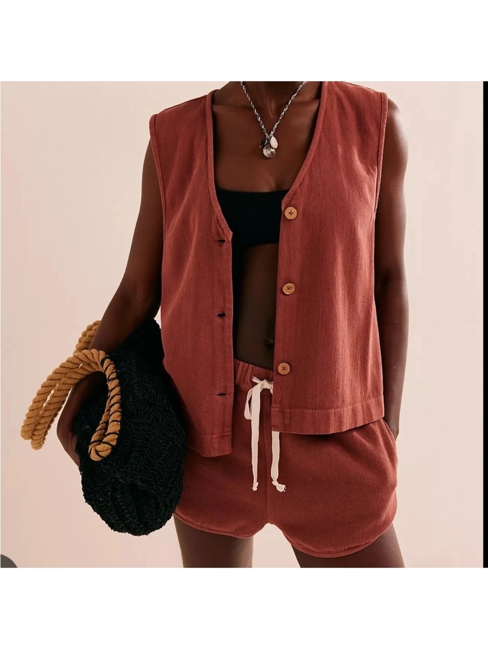 Free People So Fresh Vest Set XS 100% Cotton Matching Shorts Co-Ord
